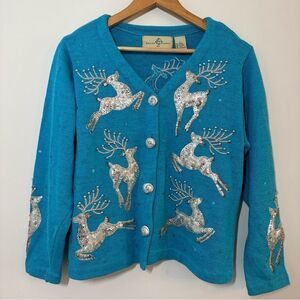 Design Options Blue Silver Cardigan Reindeer Sequins Christmas Sweater Large